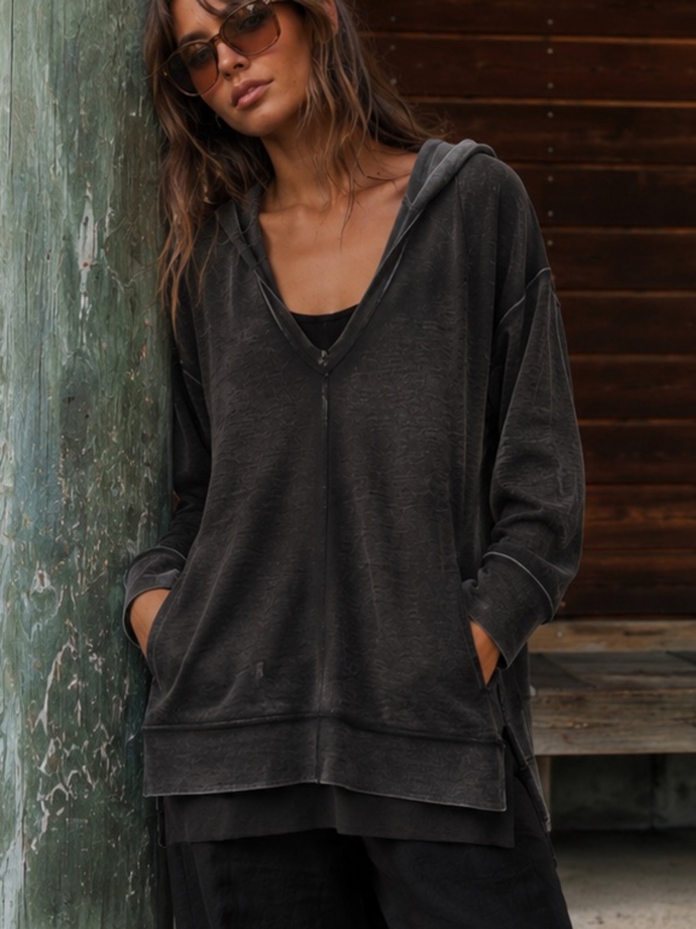 Free People Black Hooded Lightweight Pullover Hoodie